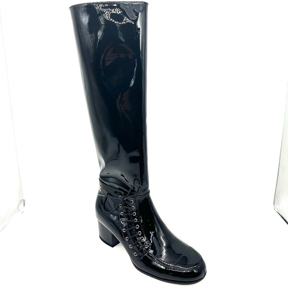 CHANEL 15A Patent Calf Leather Knee High Tall Lace Up Boots Shoes - Picture 8 of 16